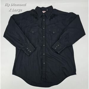 ELY Diamond Western Shirt Black Embroidered Roses XL Vintage Made in Korea